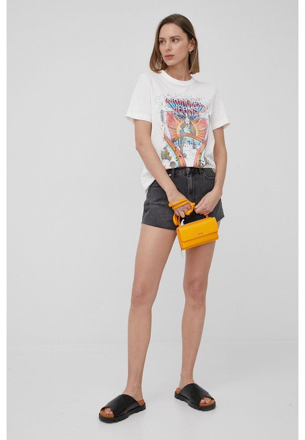Dr. Denim szorty jeansowe damskie kolor szary gładkie high waist. Stan: podwyższony. Kolor: szary. Materiał: denim, jeans. Wzór: gładki