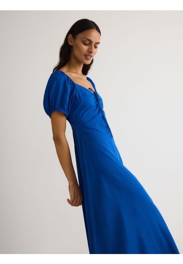 Reserved - Sukienka z wiskozą i lnem - niebieski. Kolor: niebieski. Materiał: wiskoza, len. Wzór: gładki. Typ sukienki: proste