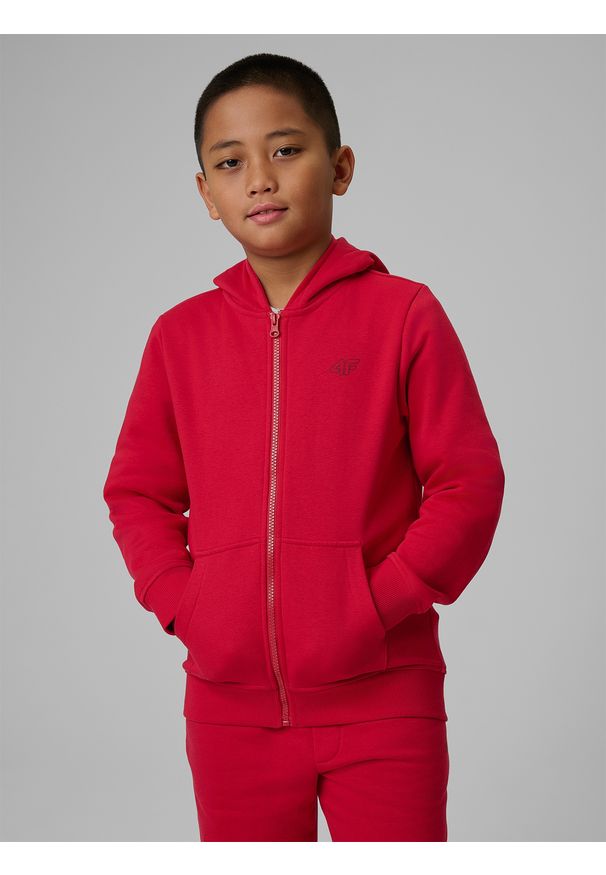 4f - 4F Bluza dresowa regular z kapturem chłopięca - czerwona 140 (9-10 lat). Okazja: na spacer, na co dzień, na uczelnię. Typ kołnierza: kaptur. Kolor: czerwony. Materiał: dresówka. Sezon: lato. Styl: casual, klasyczny