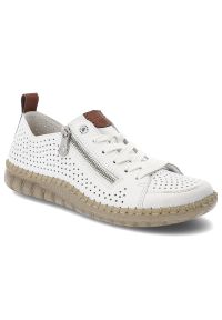 Półbuty damskie Rieker, cholewka ze skóry ekologicznej perforowana powierzchnia wiązany fason z bocznym zamkiem, białe, N2405-80. Zapięcie: zamek. Kolor: biały. Materiał: skóra ekologiczna. Szerokość cholewki: normalna #1