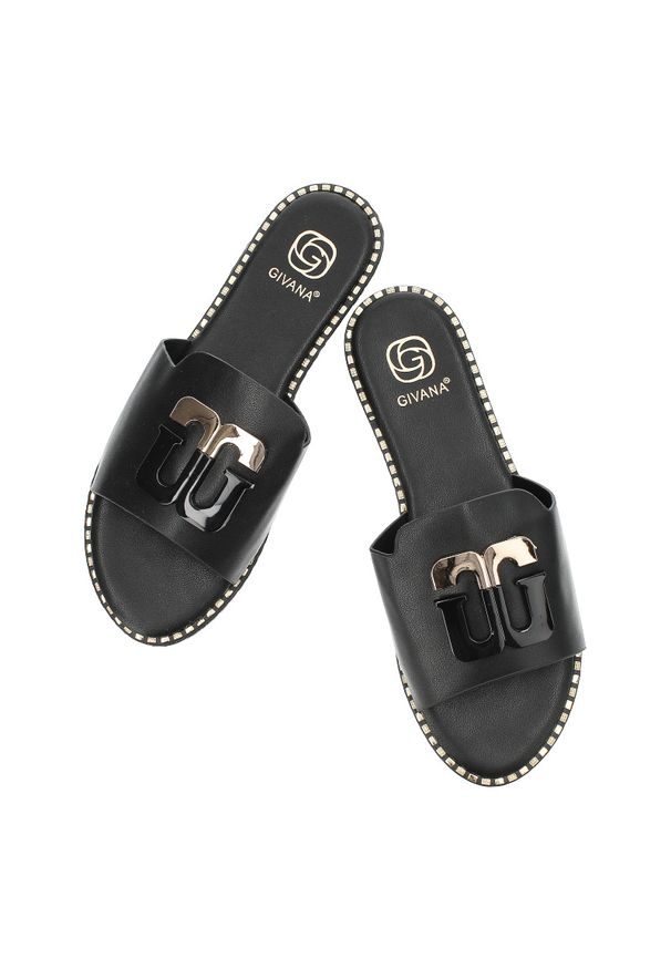 Czarne Klapki Givana Stylowe Obuwie Damskie. Okazja: na co dzień. Kolor: czarny. Materiał: skóra. Sezon: lato. Styl: elegancki