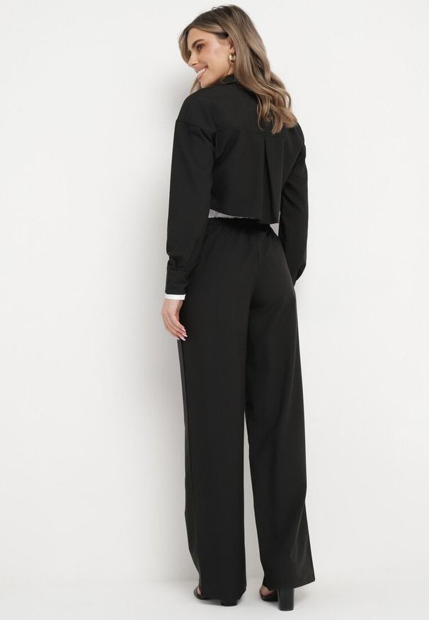 Born2be - Czarny Komplet w Stylu Utility Krótka Koszula i Szerokie Spodnie z Gumką w Pasie Lysianne. Kolor: czarny