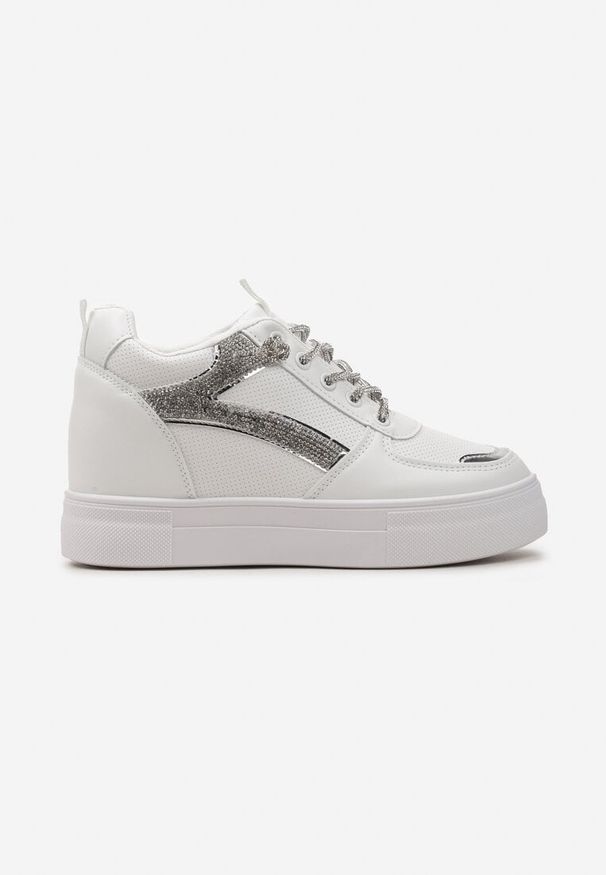 Born2be - Biało-Srebrne Sneakersy na Ukrytym Koturnie Ozdobione Cyrkoniami Maatisa. Kolor: biały. Wzór: aplikacja. Obcas: na koturnie