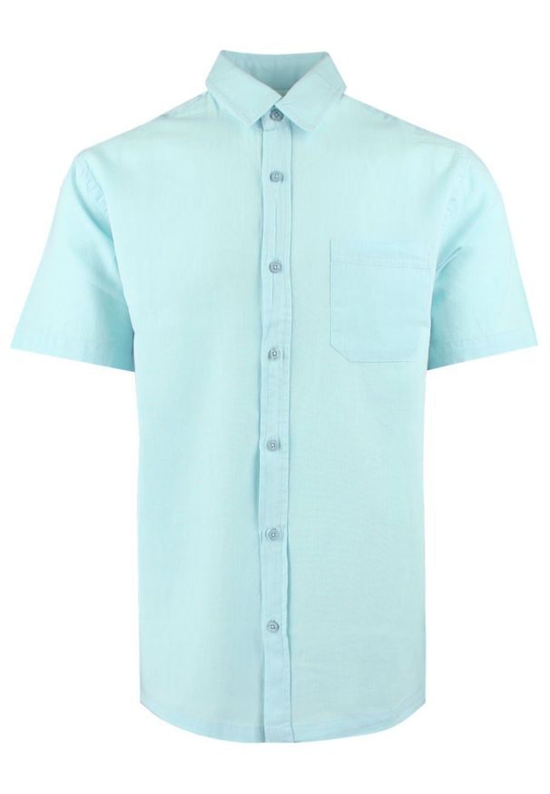 Koszula Weekendowa z Lnem, Krótki Rękaw - Brave Soul - Miętowy-Niebieski. Okazja: na co dzień. Kolor: niebieski. Materiał: bawełna, len. Długość rękawa: krótki rękaw. Długość: krótkie. Styl: casual