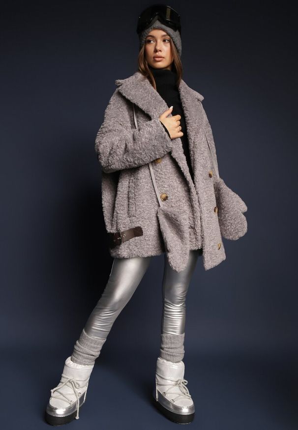 Renee - Szara Dwurzędowa Kurtka Futerkowy Płaszcz z Dodatkowymi Rękawiczkami Hetirra. Okazja: na co dzień, na spacer. Kolor: szary. Materiał: jeans. Styl: casual, elegancki