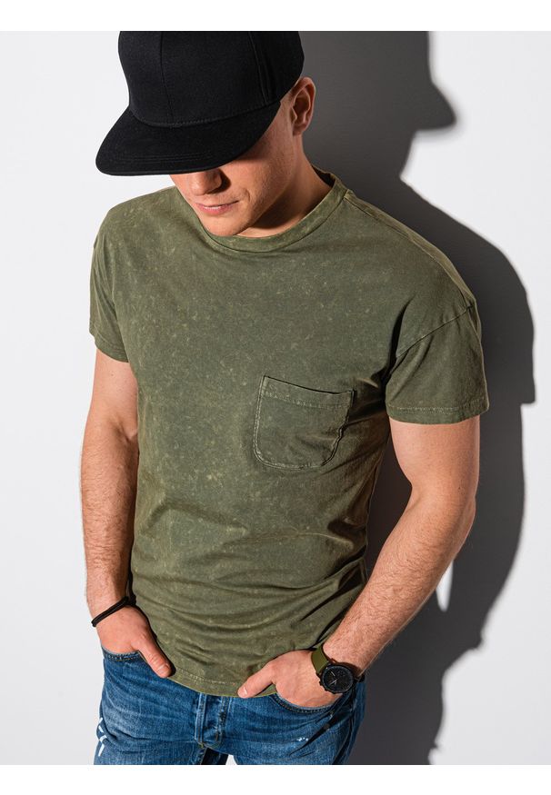 Ombre Clothing - T-shirt męski bawełniany S1375 - khaki - XXL. Kolor: brązowy. Materiał: bawełna. Wzór: aplikacja. Sezon: wiosna, lato