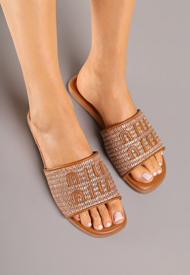 Renee - Brązowe Klapki z Ozdobną Plecionką i Aplikacją przy Cholewce Zarivelle. Kolor: brązowy. Wzór: aplikacja. Styl: boho, elegancki