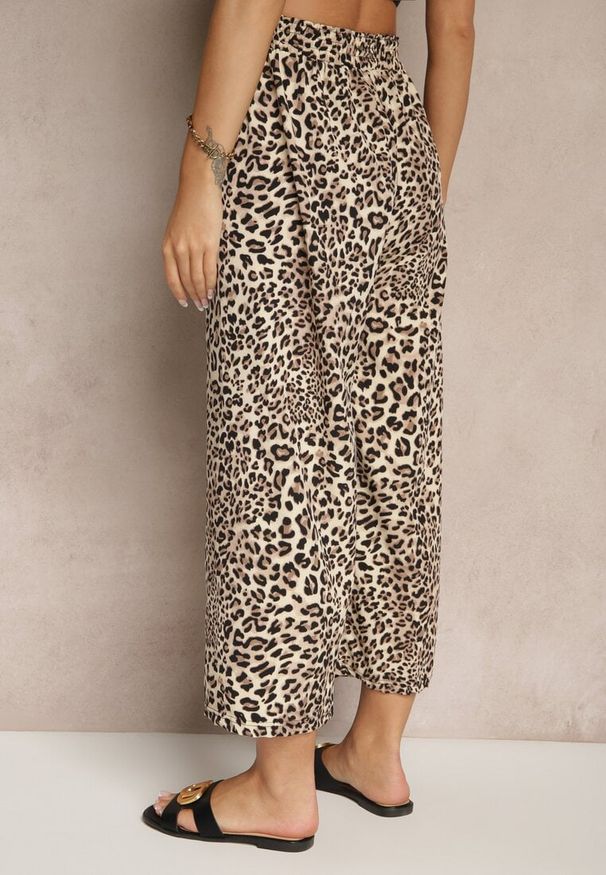 Renee - Czarno-Beżowe Spodnie Wide Leg z Gumką w Talii w Panterkowy Wzór Filanira. Okazja: na co dzień. Kolor: czarny. Styl: elegancki, casual