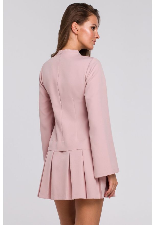 Sukienki.shop - Elegancka sukienka mini z kontrafałdami różowa. Typ kołnierza: kołnierzyk stójkowy. Kolor: czerwony, różowy. Sezon: lato. Typ sukienki: rozkloszowane. Styl: elegancki. Długość: mini