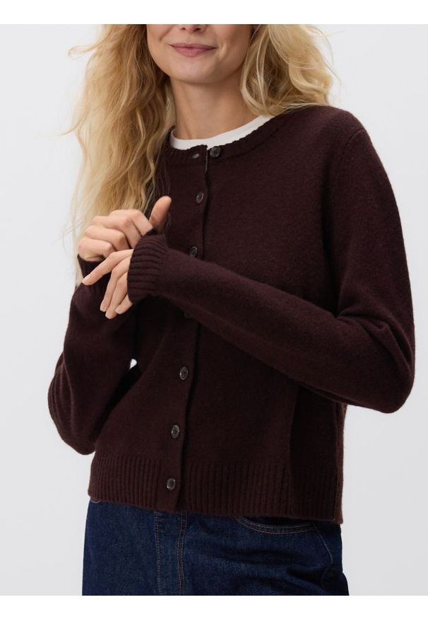 Reserved - Wełniany kardigan - ciemnobrązowy. Kolor: brązowy. Materiał: wełna