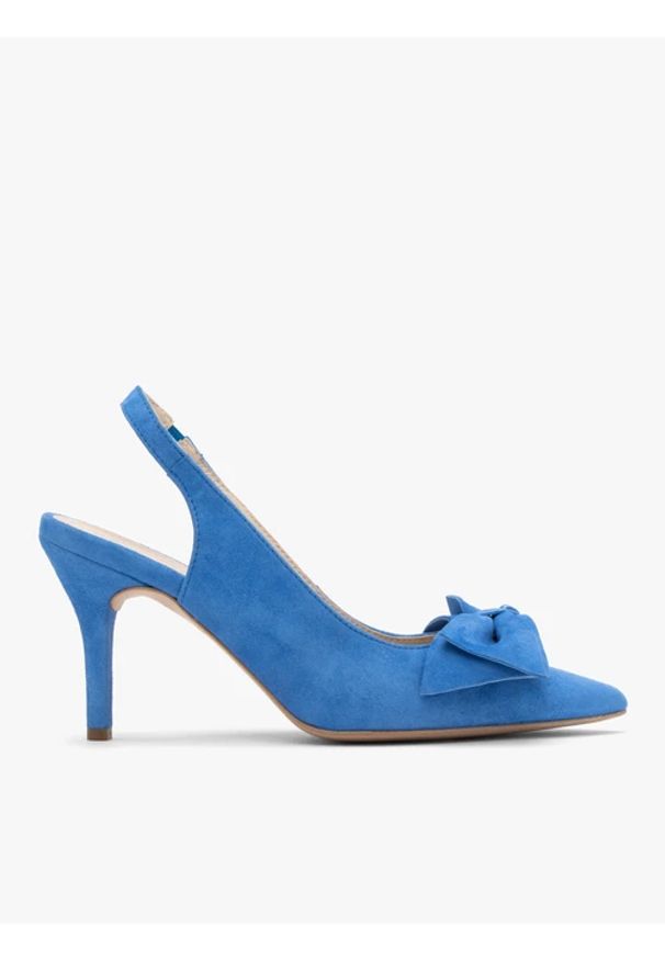 Ryłko - Czółenka z ozdobnym detalem w postaci kokardki. Kolor: niebieski. Materiał: skóra, welur. Szerokość cholewki: normalna. Obcas: na obcasie. Styl: street. Wysokość obcasa: średni