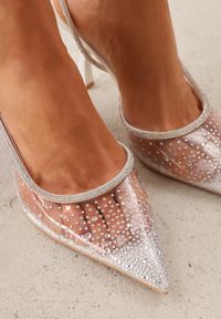 Renee - Białe Szpilki Slingback z Transparentną Cholewką i Cyrkoniami Liaceran. Okazja: na imprezę. Kolor: biały. Szerokość cholewki: normalna. Obcas: na szpilce. Styl: wizytowy, glamour #2