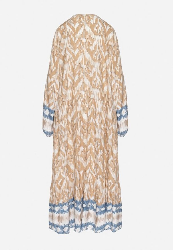 Born2be - Beżowa Sukienka Rozkloszowana z Ozdobnym Wiązaniem w Boho Wzór Erainea. Okazja: na co dzień. Typ kołnierza: dekolt w kształcie V. Kolor: beżowy. Materiał: jeans. Długość rękawa: długi rękaw. Wzór: aplikacja. Typ sukienki: proste, rozkloszowane. Styl: boho