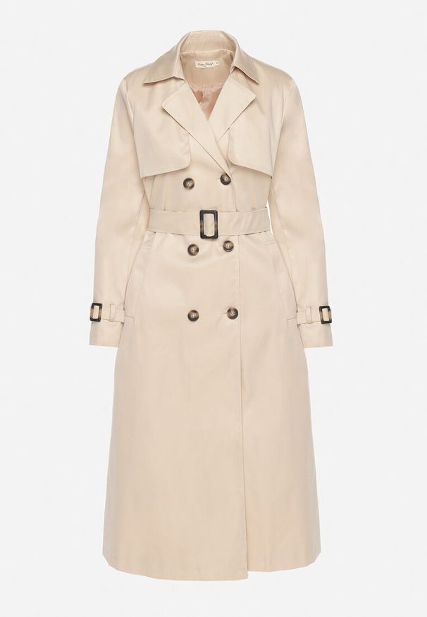 Born2be - Jasnobeżowy Płaszcz Trencz Dwurzędowy Ozdobiony Paskiemz Klamrą Tinbella. Okazja: na co dzień. Kolor: beżowy. Materiał: jeans. Wzór: aplikacja. Styl: casual, klasyczny, elegancki