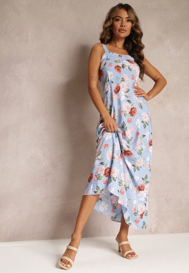 Renee - Niebieska Sukienka Maxi w Kwiaty z Rozkloszowanym Dołem na Ramiączkach Aletaina. Kolor: niebieski. Długość rękawa: na ramiączkach. Wzór: kwiaty. Sezon: lato, wiosna. Długość: maxi