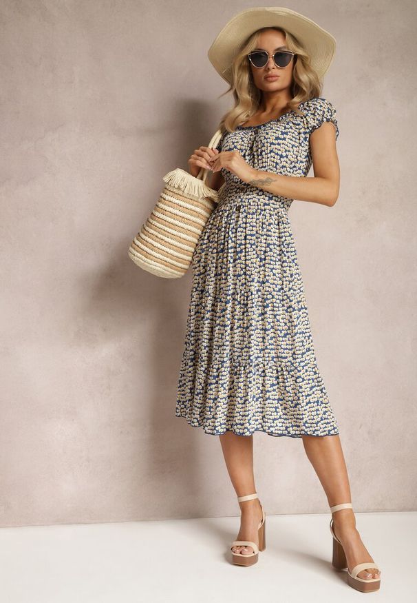 Renee - Niebiesko-Żółta Rozkloszowana Sukienka z Wiskozy Midi z Guzikami Firla. Kolor: niebieski. Materiał: wiskoza. Styl: elegancki. Długość: midi