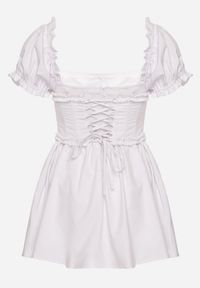 Born2be - Biała Sukienka Vices w Rustykalnym Stylu z Gorsetowym Wiązaniem Tolaviela. Okazja: na spacer, na imprezę. Typ kołnierza: dekolt gorset. Kolor: biały. Materiał: jeans. Wzór: aplikacja. Typ sukienki: gorsetowe. Styl: elegancki #6