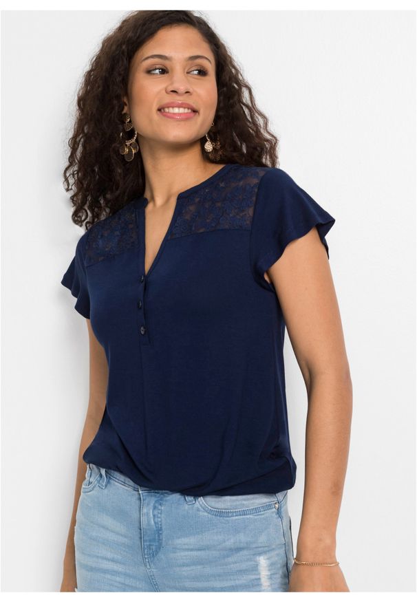 bonprix - Shirt z dekoltem henley i koronką ze zrównoważonej wiskozy. Typ kołnierza: typu henley. Kolor: niebieski. Materiał: wiskoza, koronka. Wzór: koronka