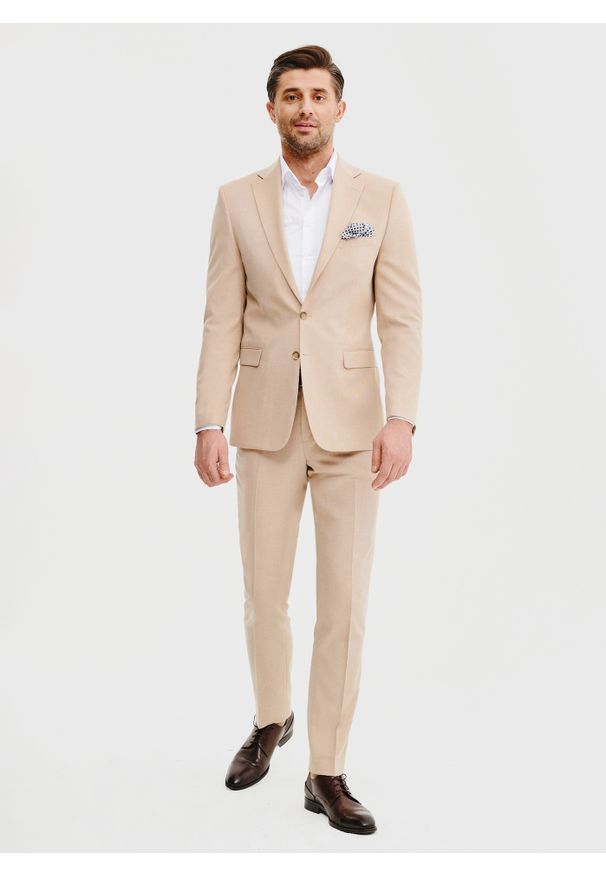 Pako Lorente - PAKO LORENTE – Beżowa marynarka garniturowa. Kolor: beżowy. Materiał: poliester, elastan, wiskoza. Wzór: gładki