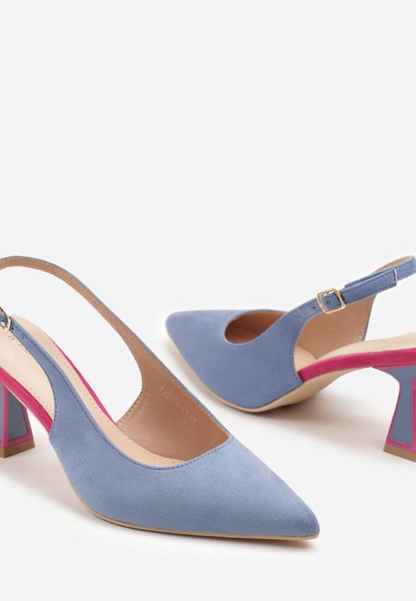 Born2be - Niebieskie Sandały Vices na Obcasie Typu Kaczuszka Bez Pięty Edinaria. Okazja: na co dzień. Zapięcie: sprzączka. Kolor: niebieski. Materiał: jeans. Obcas: na obcasie. Styl: elegancki, casual. Wysokość obcasa: średni