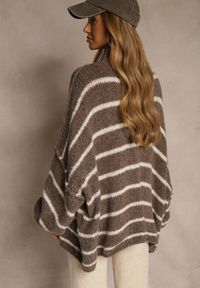 Renee - Brązowy Oversizowy Golf w Paski z Dodatkiem Wełny i Wiskozy Nezella. Okazja: na co dzień. Typ kołnierza: golf. Kolor: brązowy. Materiał: wełna, wiskoza. Wzór: paski. Styl: casual, elegancki #5