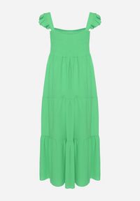 Born2be - Zielona Sukienka na Ramiączkach z Falbankami o Rozkloszowanym Kroju Ebisena. Okazja: na co dzień. Typ kołnierza: kołnierz z falbankami. Kolor: zielony. Materiał: jeans. Długość rękawa: na ramiączkach. Wzór: bez wzorów, aplikacja. Typ sukienki: proste. Styl: casual, elegancki #7