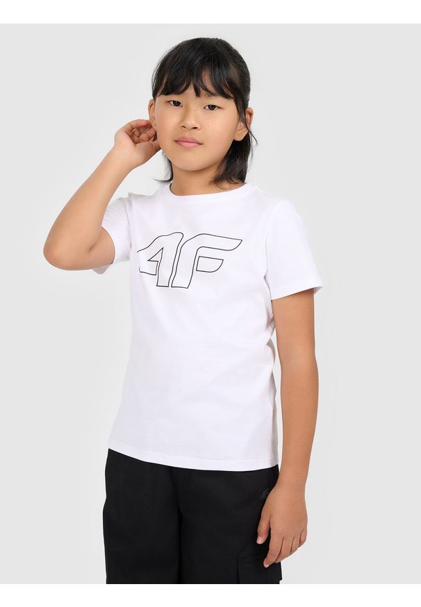 4f - 4F T-shirt oversize z nadrukiem dziewczęcy - biały 134 (8-9 lat). Okazja: na co dzień. Kolor: biały. Materiał: dzianina, jersey, bawełna. Wzór: nadruk. Sezon: lato. Styl: casual, klasyczny, sportowy