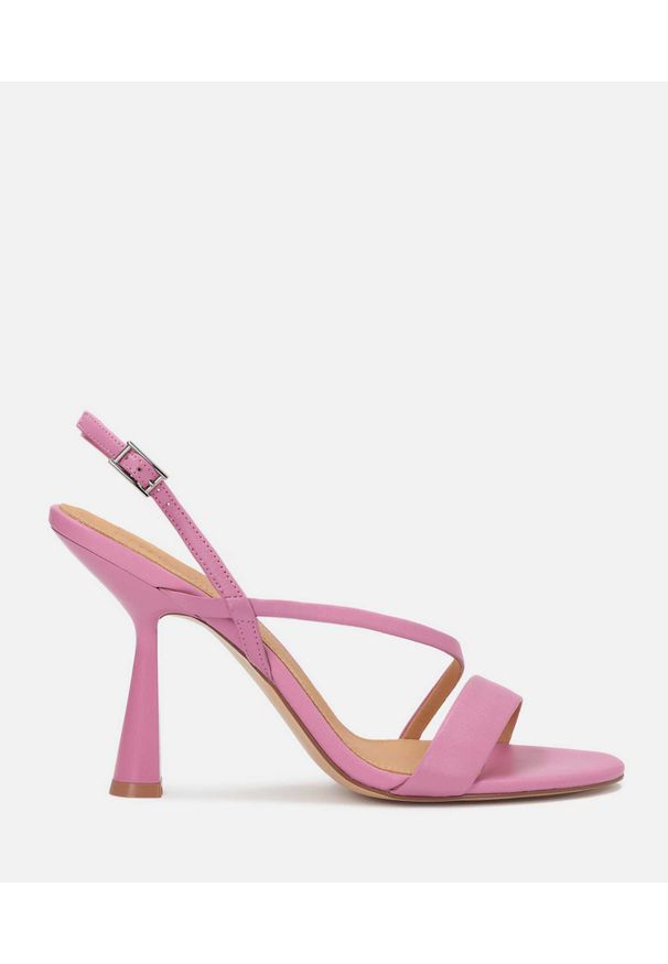Kazar - Eleganckie różowe sandały na wysokim obcasie. Kolor: różowy. Materiał: skóra. Obcas: na obcasie. Styl: elegancki. Wysokość obcasa: wysoki
