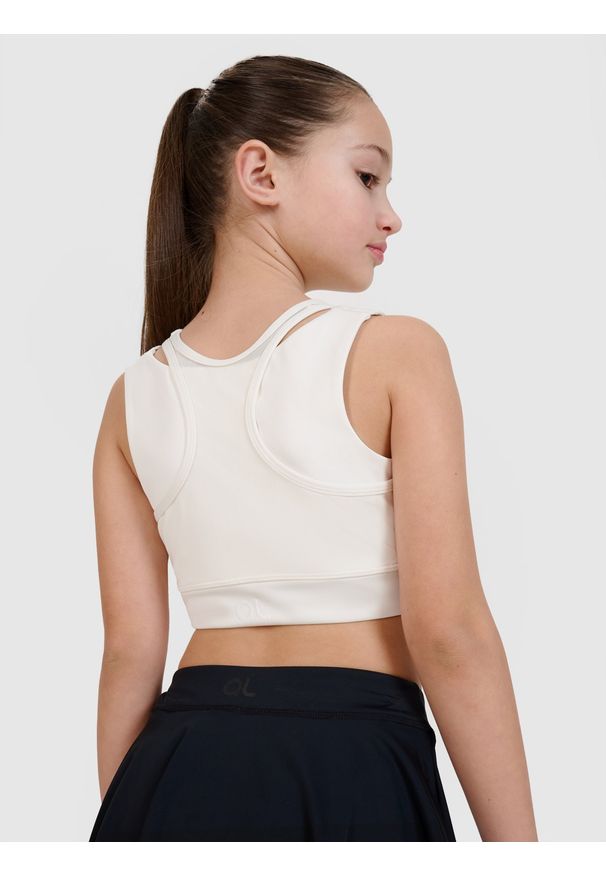 4f - 4F Crop top sportowy szybkoschnący dziewczęcy 4F JUNIOR x Anna Lewandowska - biały 122/128 (6-8 lat). Kolor: biały. Materiał: materiał, włókno, syntetyk, elastan. Wzór: gładki, ze splotem. Sezon: lato. Styl: sportowy