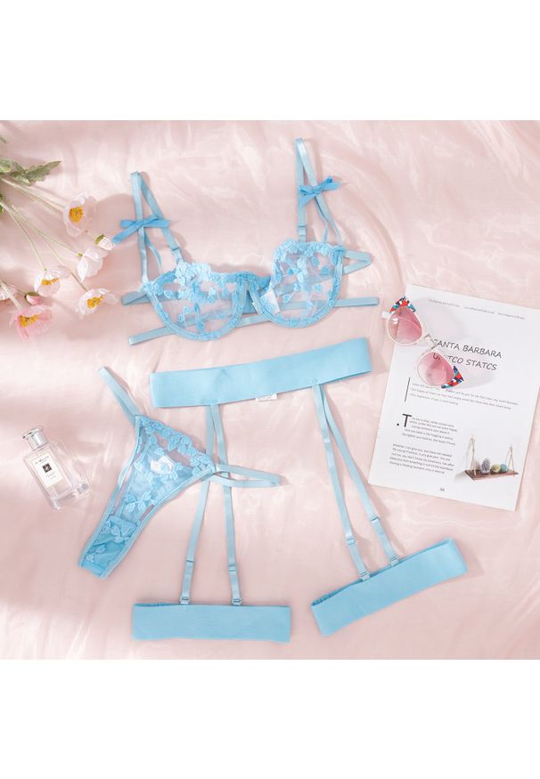 Intica - Komplet bielizny koronkowy z kokardkami Walentina. Kolor: niebieski. Materiał: koronka. Wzór: koronka