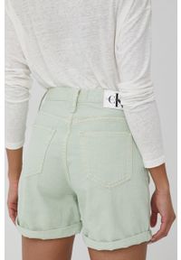 Calvin Klein Jeans szorty bawełniane J20J218502.PPYY damskie gładkie high waist. Okazja: na co dzień. Stan: podwyższony. Kolor: zielony. Materiał: bawełna. Wzór: gładki. Styl: casual #4