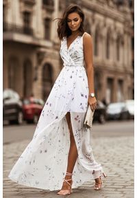 IVON - Długa Suknia Szyfonowa z Dekoltem V - Biała. Kolor: biały. Materiał: szyfon. Długość: maxi #1