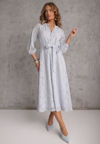 Renee - Niebieska Koronkowa Sukienka Boho Rozkloszowana z Paskiem w Talii Irinsea. Okazja: na co dzień. Kolor: niebieski. Materiał: koronka. Wzór: koronka. Typ sukienki: rozkloszowane, proste. Styl: boho #3