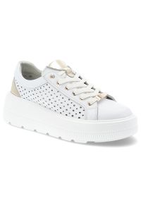 Białe Sneakersy Filippo Modne Obuwie Damskie. Okazja: na co dzień. Zapięcie: sznurówki. Kolor: biały. Materiał: skóra. Szerokość cholewki: normalna. Wzór: ażurowy. Obcas: na platformie. Styl: klasyczny, sportowy, casual