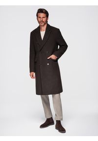 Ombre Clothing - Męski dwurzędowy płaszcz z wełną - ciemnobrązowy V3 - Rozmiar: XL. Okazja: na co dzień. Kolor: brązowy. Materiał: wełna. Wzór: ze splotem. Styl: casual, klasyczny