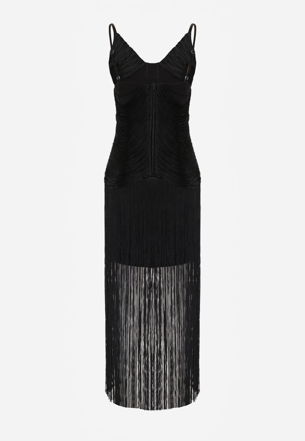 Renee - Czarna Sukienka Koktajlowa na Ramiączkach Zdobiona Frędzlami Wilinsia. Okazja: na wesele, na imprezę, na ślub cywilny. Kolor: czarny. Długość rękawa: na ramiączkach. Wzór: aplikacja. Styl: wizytowy