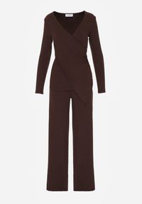 Born2be - Brązowy Bawełniany Komplet Kopertowa Bluzka z Długim Rękawem i Spodnie Ferenna. Kolor: brązowy. Materiał: bawełna #4