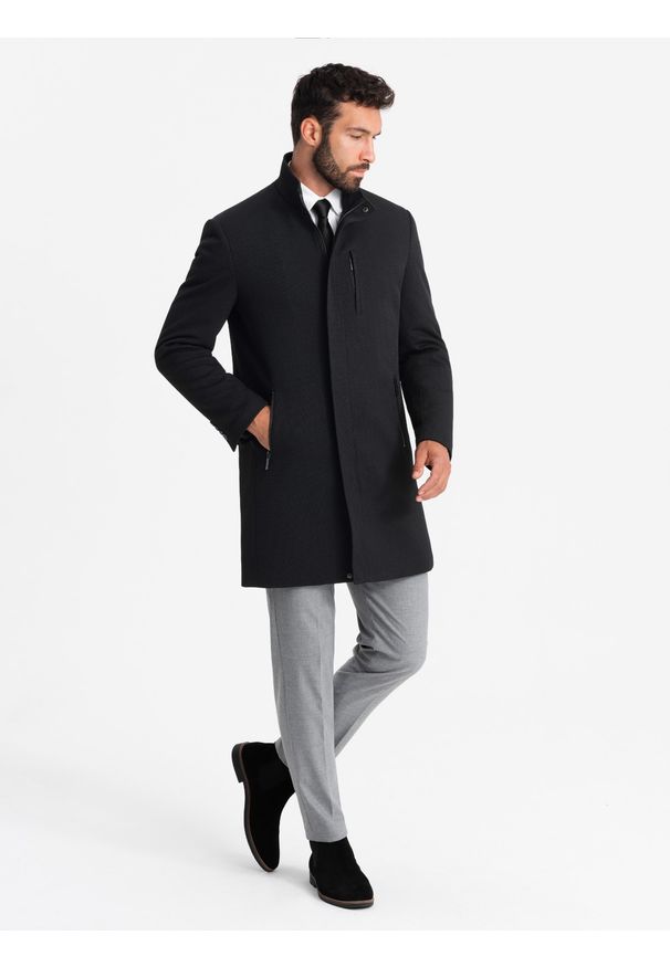 Ombre Clothing - Dopasowany strukturalny męski płaszcz z wysokim kołnierzem – czarny V1 - Rozmiar: M. Okazja: na co dzień. Kolor: czarny. Materiał: syntetyk, tkanina, poliester, materiał. Długość: długie. Wzór: aplikacja, jednolity. Styl: casual, elegancki