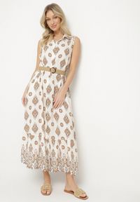 Born2be - Beżowa Wiskozowa Sukienka Koszulowa z Paskiem z Klamrą Eraniela. Okazja: na co dzień. Typ kołnierza: dekolt w kształcie V. Kolor: beżowy. Materiał: wiskoza. Typ sukienki: koszulowe. Styl: klasyczny, casual, elegancki, sportowy #2