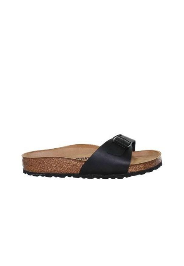 Klapki damskie Birkenstock Madrid. Zapięcie: bez zapięcia. Kolor: czarny. Materiał: skóra, syntetyk, materiał. Szerokość cholewki: normalna. Sport: turystyka piesza