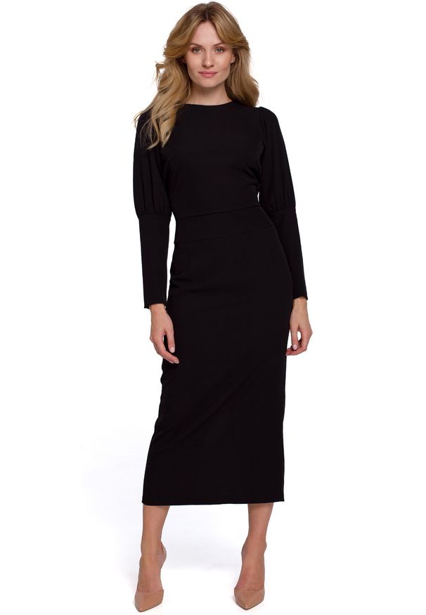 Sukienki.shop - Elegancka sukienka z odkrytymi plecami czarna z rozcięciem. Okazja: na imprezę. Kolor: czarny. Styl: elegancki
