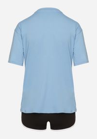 Born2be - Niebiesko-Czarny Komplet T-shirt z Nadrukiem i Szorty z Lamówką Aravonne. Kolor: niebieski. Materiał: materiał. Wzór: nadruk