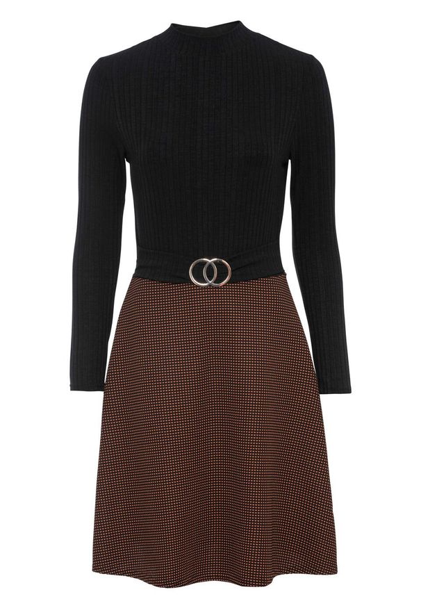 Sukienka z aplikacją bonprix czarno-brązowy z nadrukiem. Typ kołnierza: golf. Kolor: czarny. Wzór: aplikacja, nadruk