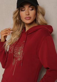 Renee - Bordowy Ocieplany Komplet Dresowy z Bawełny Spodnie i Bluza Sevida. Kolor: czerwony. Materiał: dresówka, bawełna. Wzór: aplikacja #3
