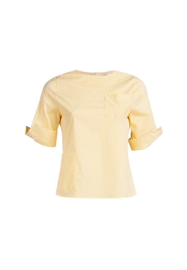 VEVA - Damska Bluzka z Kieszeniami Paski Żółty. Kolor: żółty. Materiał: materiał, lycra, bawełna. Długość rękawa: krótki rękaw. Wzór: paski