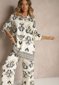 Renee - Beżowo-Czarny Komplet z Wiskozą Szerokie Spodnie i Bluzka w Stylu Boho Rinadora. Kolor: beżowy. Materiał: wiskoza #5