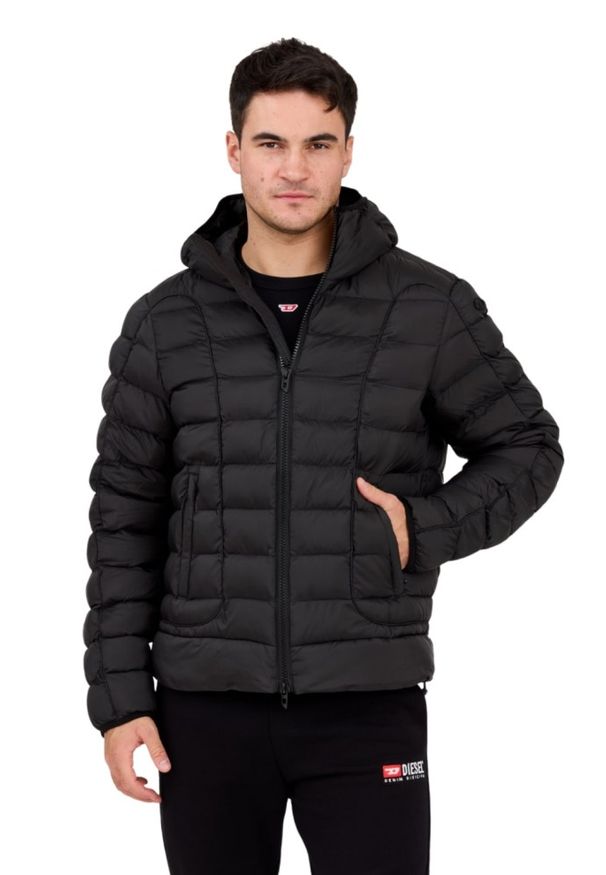 Diesel - DIESEL Czarna pikowana męska kurtka z kapturem W-STONE, Rozmiar 48. Typ kołnierza: kaptur. Kolor: czarny. Materiał: poliester. Długość rękawa: długi rękaw. Długość: długie. Styl: elegancki