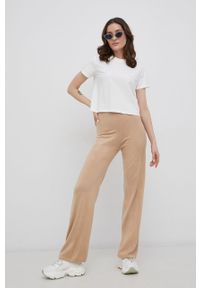 Noisy may - Noisy May Spodnie damskie kolor beżowy dzwony high waist. Stan: podwyższony. Kolor: beżowy. Materiał: dzianina #2