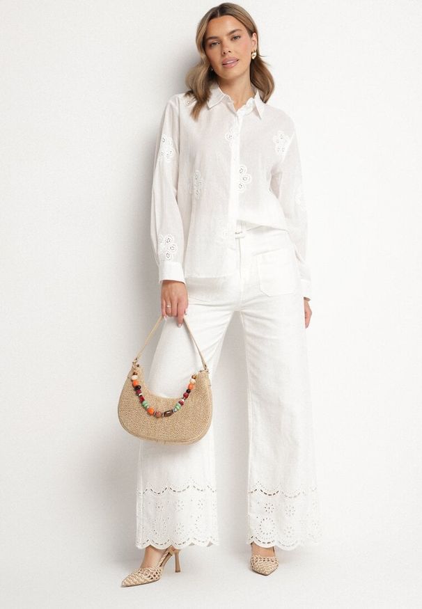 Born2be - Biała Bawełniana Koszula z Ażurowym Wzorem Cornelva. Okazja: na co dzień. Kolor: biały. Materiał: bawełna. Wzór: ażurowy. Styl: casual, elegancki