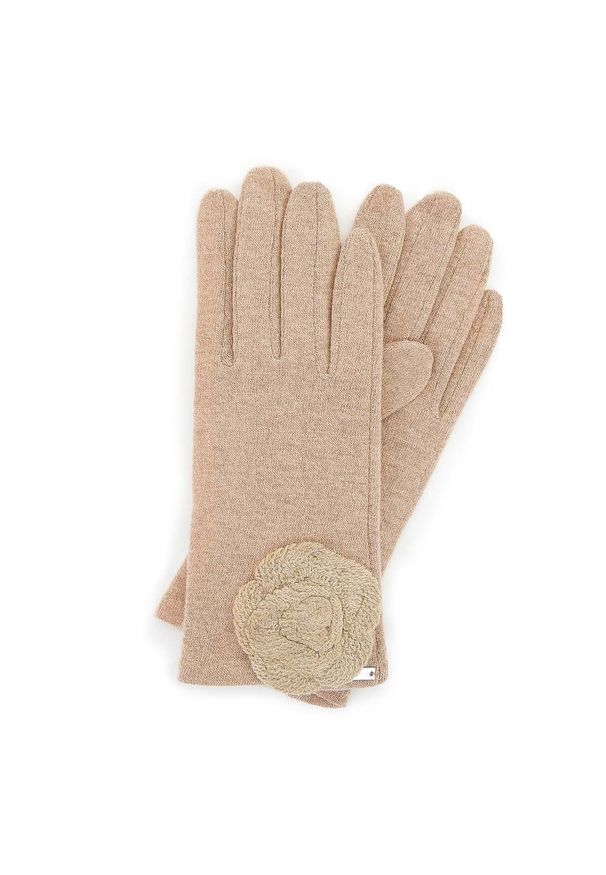 Wittchen - Damskie rękawiczki wełniane z rozetką. Kolor: beżowy. Materiał: wełna. Wzór: aplikacja. Sezon: jesień, zima